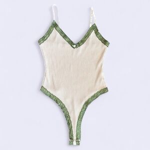 Edikted ribbed lace-trim bodysuit beige and green medium